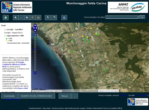 Mappa del monitoraggio degli organo-alogenati nella falda di Cecina (LI)