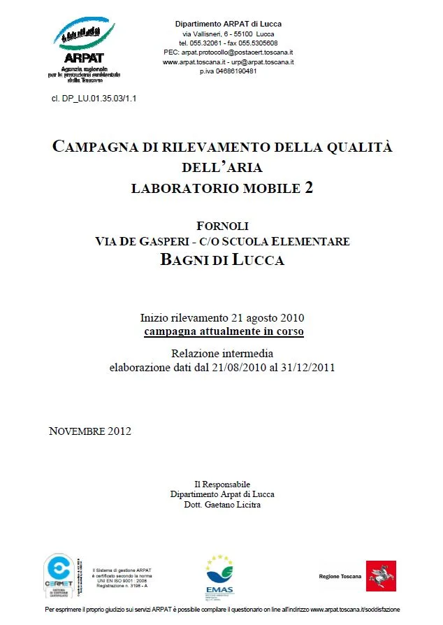 Campagna di rilevamento della qualità dell’aria con laboratorio mobile a Bagni di Lucca (LU) Anni 2010-2011
