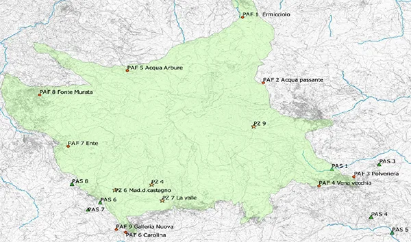 Cartografia con la posizione delle stazioni di monitoraggio PAF, PAS e dei piezometri