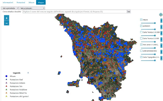 mappa con la posizione delle stazioni e delle misure effettuate