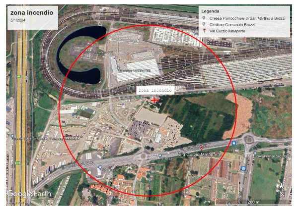 Mappa ricadute incendio Fi - Brozzi - 5 gennaio 2023